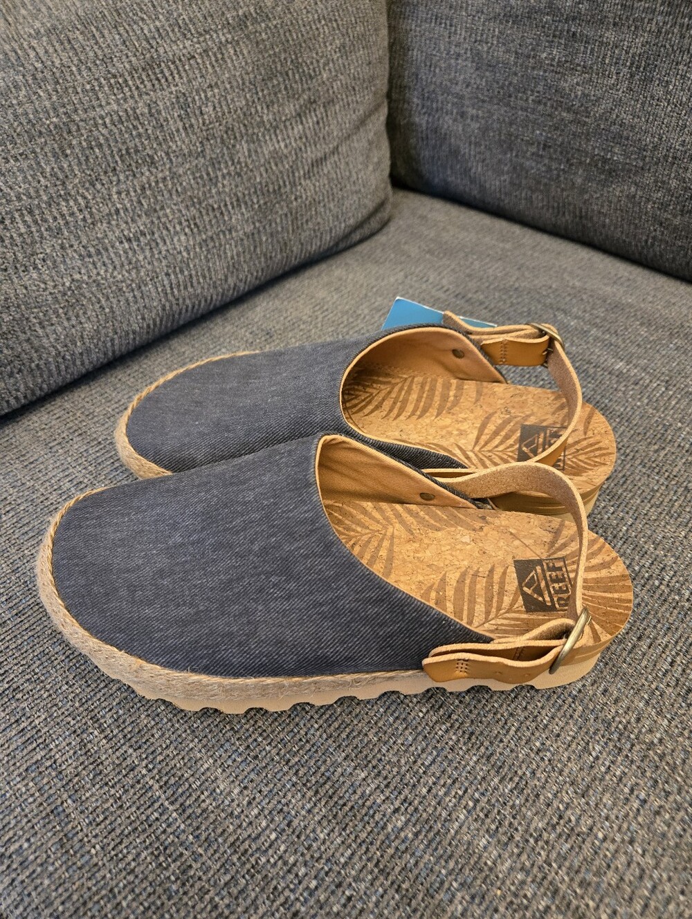 Reef Cushion Coast Mule Clogs Black Denim Canvas Cork Slingback Size 9